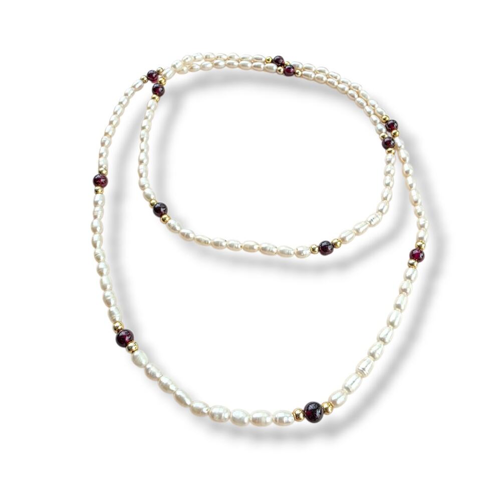 Handmade Artisan Necklace Genuine Garnet Pearl Gold Plated January Stone 32"